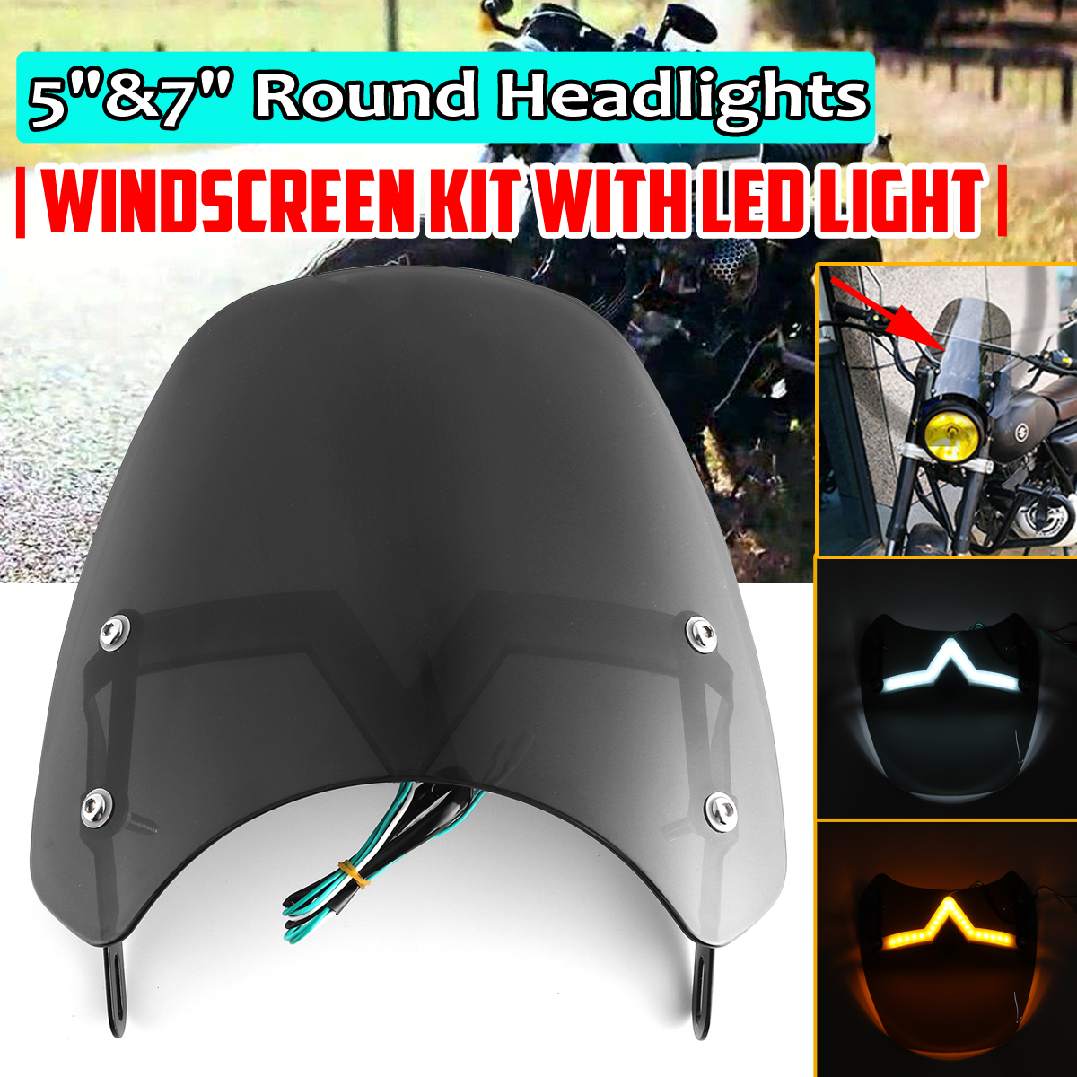 Universal-5-7quot-Black-Round-Headlight-Front-Fairing-Motorcycle-Windshield-Windscreen-With-LED-1718143