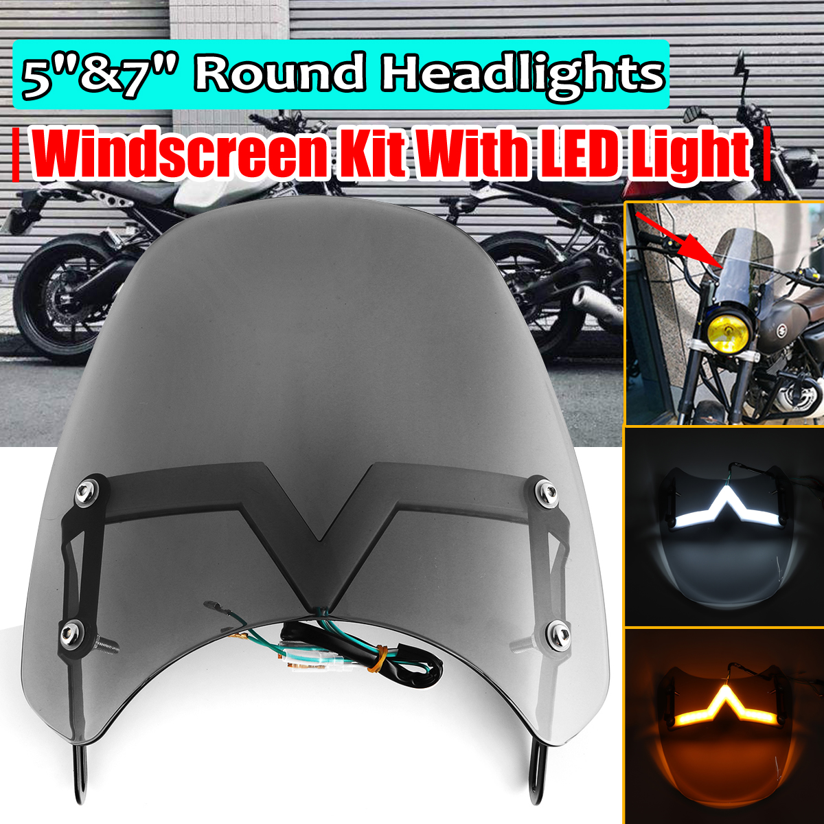 Universal-LED-Front-Fairing-Windshield-Motorcycle-Windscreen-Fitting-5quot-7quot-Round-Headlight-1718145